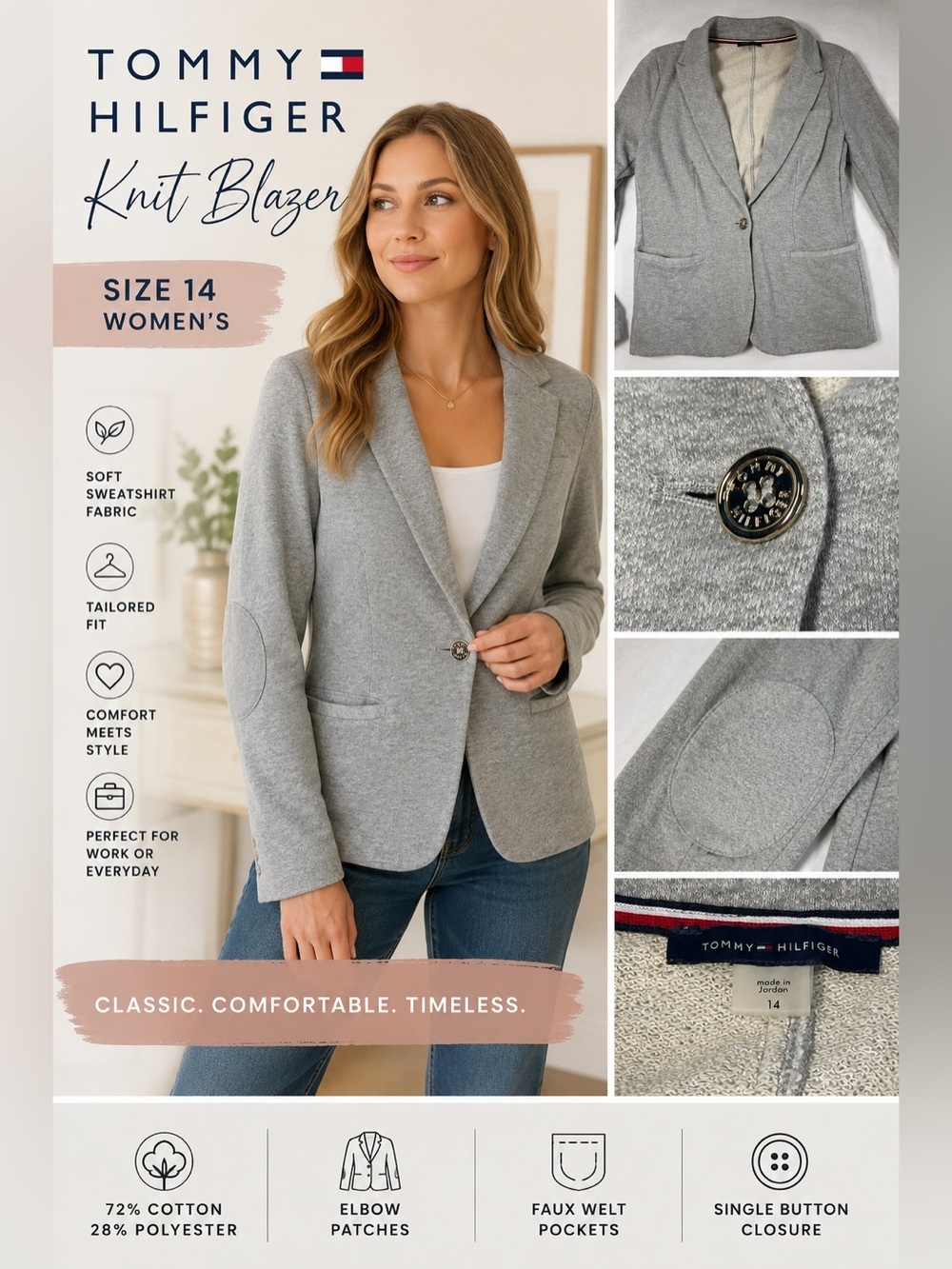 Tommy Hilfiger Gray Knit Sweatshirt Blazer Jacket Women’s Size 14 Elbow Patch